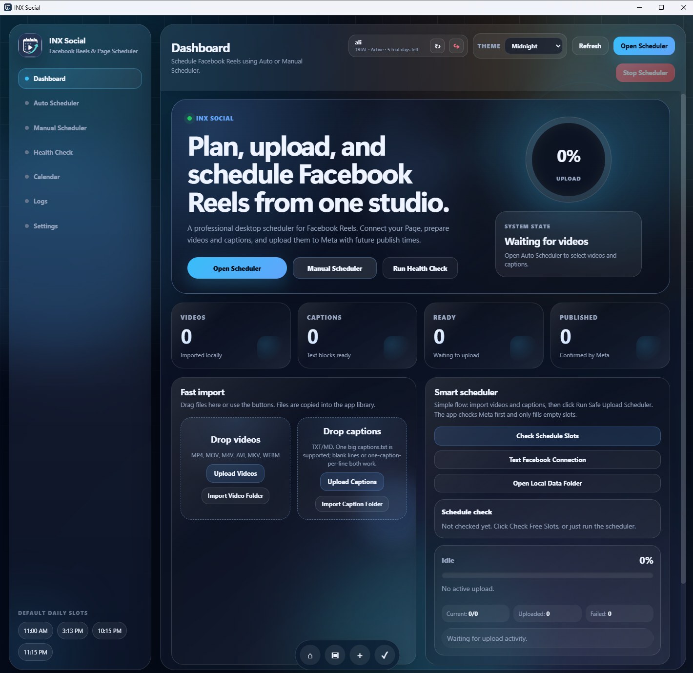 INX Social desktop dashboard showing Facebook Reels scheduling controls